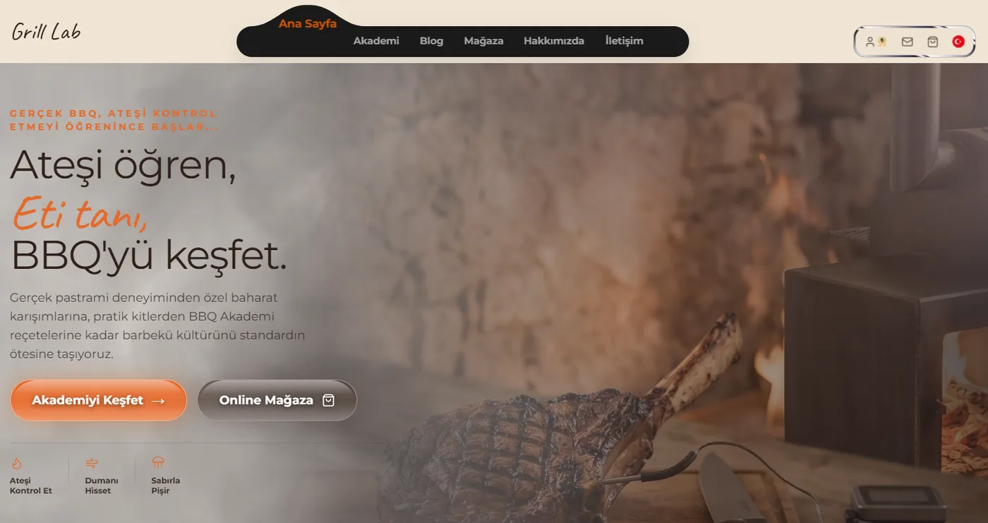 Grill Lab web sitesi ana sayfası, akademi ve mağaza girişleri